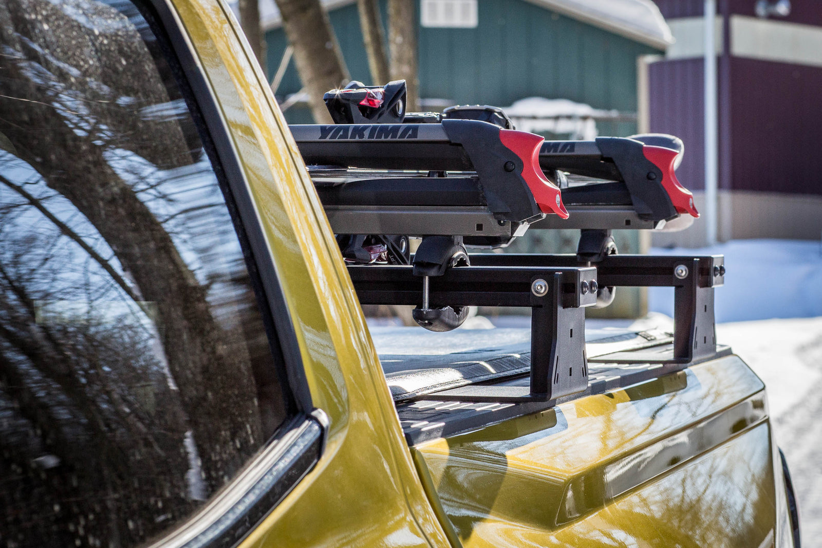 Roof rack system on a vehicle with a blurred background